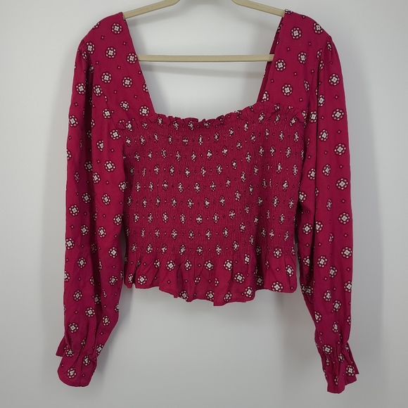 bp Tops - BP Floral Long Puff Sleeve Smocked Square Neck Top